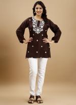 Rayon Brown Casual Wear Embroidery Work Readymade Kurti